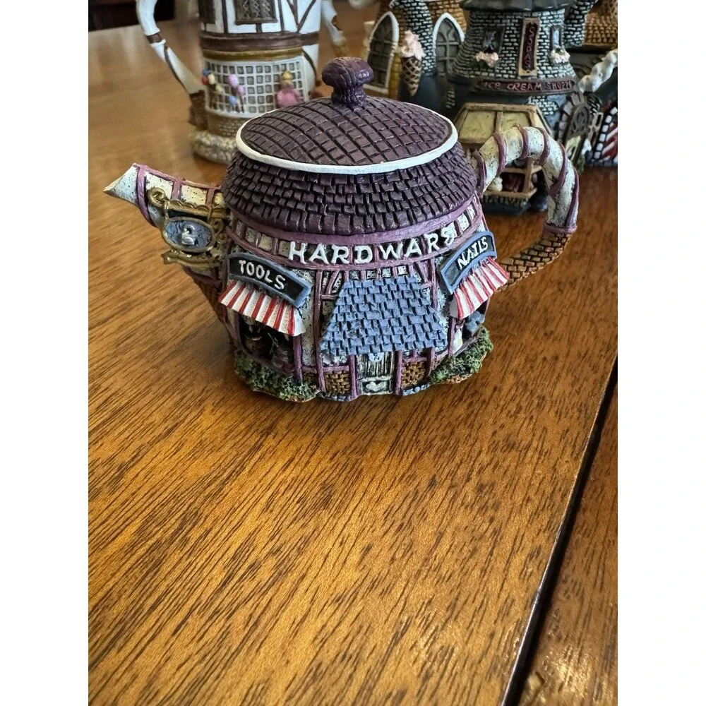 Hometown Teapot Cottages Lot of 5 Teapot Trinket Boxes Hardware Ice Cream Antiqu